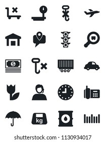 Set of vector isolated black icon - plane vector, cash, traffic light, office phone, support, mobile tracking, truck trailer, car delivery, clock, umbrella, no trolley, hook, tulip, warehouse, heavy
