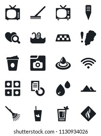 Set of vector isolated black icon - taxi vector, tv, coffee, document reload, rake, plant label, heart diagnostic, photo gallery, application, pool, mountains, wireless, phyto bar, water