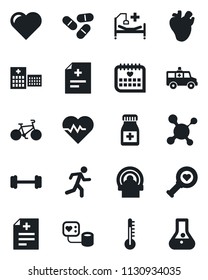 Set of vector isolated black icon - heart vector, pulse, diagnosis, molecule, blood pressure, diagnostic, pills, bottle, tomography, ambulance car, barbell, bike, run, hospital bed, real, flask