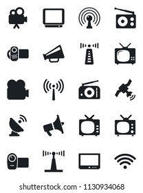 Set of vector isolated black icon - antenna vector, satellite, radio, loudspeaker, tv, video camera, wireless