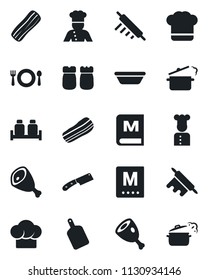 Set of vector isolated black icon - cook vector, cafe, hat, menu, bacon, salt and pepper, ham, bowl, rolling pin, cutting board, knife, steaming pan