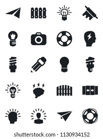 Set of vector isolated black icon - automatic door vector, brainstorm, bulb, camera, pencil, fence, rolling pin, energy saving, shining head, idea, paper plane, crisis management