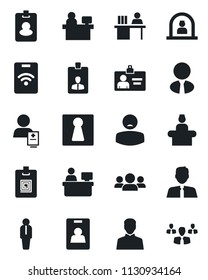 Set of vector isolated black icon - female vector, reception, manager, identity card, place, patient, user, desk, estate agent, pass, group