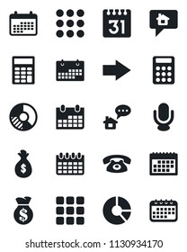 Set of vector isolated black icon - right arrow vector, calendar, circle chart, microphone, menu, calculator, phone, home message, money bag