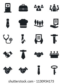 Set of vector isolated black icon - medical room vector, handshake, team, tie, document, stethoscope, meeting, cook hat, case