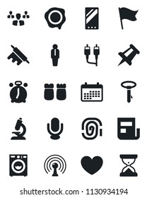 Set of vector isolated black icon - alarm clock vector, manager, drawing pin, stamp, heart, microscope, antenna, microphone, rca, mobile, news, washer, salt and pepper, rolling, fingerprint, group
