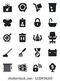 Set of vector isolated black icon - trash bin vector, bomb in case, lock, identity card, medal, stamp, garden fork, butterfly, hoe, cash, cargo, meeting, bathroom, wireless, jalousie, battery