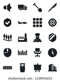 Set of vector isolated black icon - plane vector, team, mouse, presentation board, job, car delivery, shield, barcode, speaker, menu, clock, office chair, target, pen, air conditioner, factory, cook