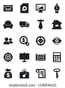 Set of vector isolated black icon - bomb in case vector, money bag, car delivery, container, group, eye id, monitor statistics, presentation board, document search, calculator, ink pen, target, tie