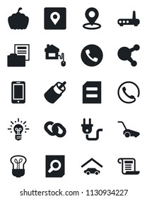 Set of vector isolated black icon - phone vector, mobile, document search, lawn mower, pumpkin, share, chain, rca, place tag, folder, garage, home control, power plug, router, bulb, idea, contract