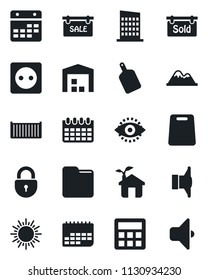 Set of vector isolated black icon - sun vector, lock, calendar, cargo container, term, speaker, calculator, folder, eye id, mountains, warehouse, sale, sold signboard, city house, cutting board, eco