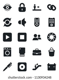 Set of vector isolated black icon - escalator vector, case, bucket, speaker, remote control, chain, group, play button, stop, rec, mobile camera, eye id, update, pen, lock, washer, usb flash