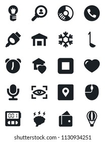 Set of vector isolated black icon - phone vector, mouse, brainstorm, bulb, circle chart, warehouse, microphone, heart, stop button, hdmi, alarm, stopwatch, place tag, sweet home, ladle, snowflake