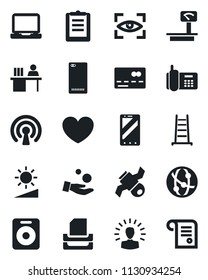 Set of vector isolated black icon - credit card vector, mobile phone, ladder, heart, satellite, office, clipboard, heavy scales, network, laptop pc, speaker, back, brightness, manager desk, wireless