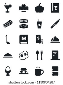 Set of vector isolated black icon - spoon and fork vector, pumpkin, coffee, dish, restaurant table, wine card, menu, reception, cocktail, phyto bar, bacon, egg stand, cafe building, vip zone, ladle