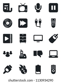 Set of vector isolated black icon - vinyl vector, archive chest, flame disk, news, microphone, remote control, monitor, laptop pc, radio phone, group, finger down, low battery, pause button, rca, tv