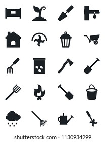 Set of vector isolated black icon - fence vector, job, trowel, garden fork, shovel, farm, ripper, rake, watering can, wheelbarrow, bucket, sproute, fire, house, rain, axe, light, seeds