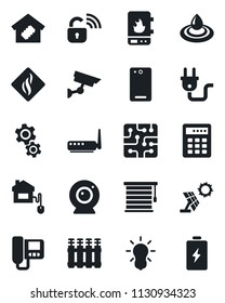 Set of vector isolated black icon - phone back vector, smart home, control, chip, power plug, wireless lock, water heater, router, web camera, intercome, gear, smoke detector, radiator, bulb