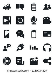 Set of vector isolated black icon - clapboard vector, vinyl, news, loudspeaker, equalizer, microphone, cell phone, dialog, speaker, headphones, group, finger down, battery, mail, hdmi, record, video