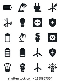 Set of vector isolated black icon - bulb vector, battery, low, protect, desk lamp, windmill, socket, power plug, energy saving, idea