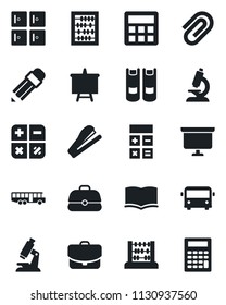 Set of vector isolated black icon - airport bus vector, checkroom, book, calculator, abacus, presentation board, microscope, paper clip, pencil, stapler, case