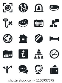 Set of vector isolated black icon - dispatcher vector, no smoking, reception, globe, bed, hierarchy, house, term, hook, shield, network, dialog, speaker, steak, eye scan, information, wallet