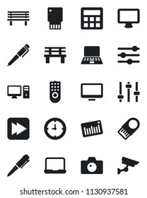 Set of vector isolated black icon - camera vector, pen, notebook pc, bench, clock, barcode, monitor, fast forward, tuning, calculator, remote control, usb flash, surveillance