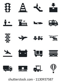 Set of vector isolated black icon - arrival vector, escalator, fork loader, baggage larry, border cone, plane, helicopter, airport building, ambulance car, railroad, traffic light, delivery, cargo