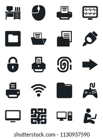 Set of vector isolated black icon - right arrow vector, lock, mouse, desk, printer, monitor pulse, folder document, gamepad, hdmi, wireless, chip, pc, fingerprint, man with notebook