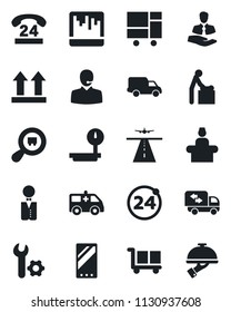 Set of vector isolated black icon - runway vector, 24 around, baby room, reception, ambulance car, hours, client, delivery, consolidated cargo, up side sign, heavy scales, search, mobile, scanner