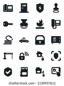 Set of vector isolated black icon - barrier vector, alarm car, stamp, safe, hose, shield, flammable, protect, sd, lock, face id, key, vip zone, home control, wireless, intercome, app