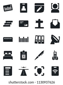 Set of vector isolated black icon - runway vector, satellite antenna, document, signpost, office phone, barcode, mail, notes, face id, identity card, paper binder, tray, pen, bedroom, reserved, pass