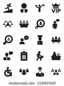 Set of vector isolated black icon - dispatcher vector, vip, speaking man, meeting, disabled, doctor, speaker, group, identity card, hr, manager desk, career ladder, client search, estate agent, cook