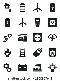 Set of vector isolated black icon - factory vector, ripper, ladder, fire, remote control, speaker, battery, rca, charge, windmill, home, socket, sun panel, gear, idea