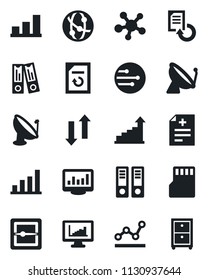 Set of vector isolated black icon - satellite antenna vector, growth statistic, office binder, document reload, diagnosis, network, share, scanner, sd, data exchange, monitor statistics, bar graph
