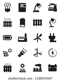 Set of vector isolated black icon - factory vector, low battery, torch, charge, desk lamp, sun panel, windmill, heater, power plug, water, radiator, bulb
