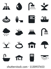 Set of vector isolated black icon - shower vector, water drop, rain, pond, sea port, umbrella, warehouse, pool, bathroom, drink, irrigation, heater, warm floor, sprinkler