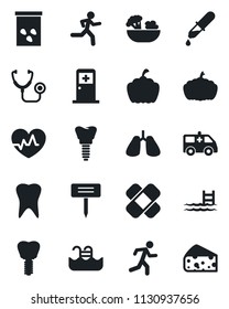Set of vector isolated black icon - medical room vector, plant label, pumpkin, seeds, heart pulse, stethoscope, dropper, patch, ambulance car, run, lungs, tooth, implant, pool, salad, cheese