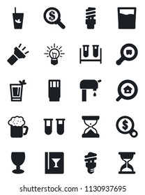 Set of vector isolated black icon - blood test vial vector, fragile, search cargo, torch, water supply, estate, wine card, drink, phyto bar, beer, energy saving bulb, money, idea, sand clock