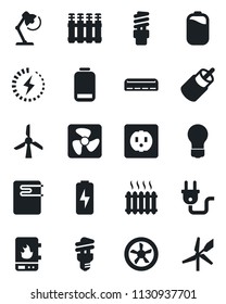 Set of vector isolated black icon - bulb vector, low battery, rca, charge, desk lamp, heater, air conditioner, socket, power plug, fan, water, radiator, energy saving, windmill