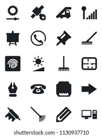Set of vector isolated black icon - right arrow vector, ladder car, presentation board, pencil, rake, satellite, hdmi, brightness, fingerprint id, cellular signal, drawing pin, ink pen, plan, phone