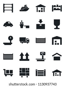Set of vector isolated black icon - sea shipping vector, cargo container, car delivery, port, consolidated, fragile, warehouse storage, up side sign, package, heavy scales, rack
