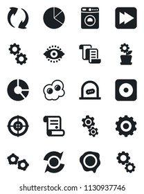 Set of vector isolated black icon - ticket office vector, washer, gear, contract, circle chart, stamp, fast forward, rec button, update, eye id, pie graph, target, flower in pot, omelette