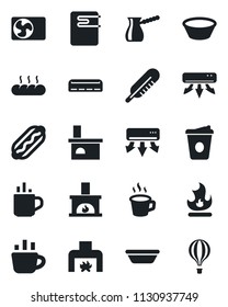 Set of vector isolated black icon - hot cup vector, coffee, fire, fireplace, thermometer, air conditioner, bread, dog, bowl, turkish, water heater, balloon