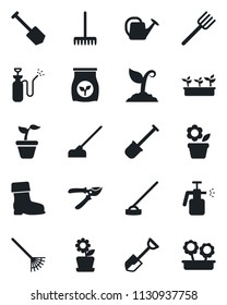Set of vector isolated black icon - job vector, flower in pot, shovel, farm fork, rake, seedling, watering can, sproute, pruner, boot, hoe, garden sprayer, fertilizer