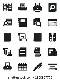 Set of vector isolated black icon - contract vector, document search, pen, notepad, calendar, printer, medical, news, copybook, book, schedule