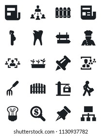 Set of vector isolated black icon - signpost vector, garden fork, seedling, caries, pregnancy, paper pin, news, hr, hierarchy, manager, fence, crane, cook, bulb, money search