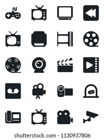 Set of vector isolated black icon - ticket office vector, clapboard, film frame, reel, tv, gamepad, video camera, rewind, hdmi, record, web, intercome, surveillance