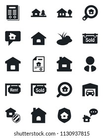 Set of vector isolated black icon - house vector, pond, contract, with tree, garage, estate document, rent, sold signboard, search, agent, smart home, insurance, message