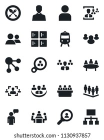 Set of vector isolated black icon - spoon and fork vector, train, checkroom, speaking man, team, meeting, group, user, company, hr, consumer search, social media, hierarchy